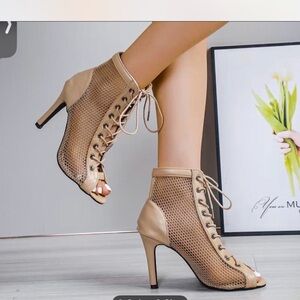 SHEIN Beige Mesh Lace-Up Ankle Booties NWOT